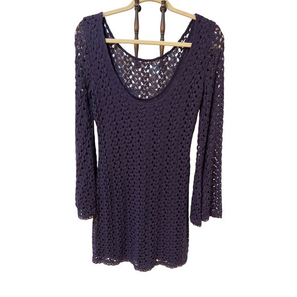 Free People Dress Medium Navy Crochet Lace Lined Boho Whimsigoth Bell Sleeve - Picture 6 of 16